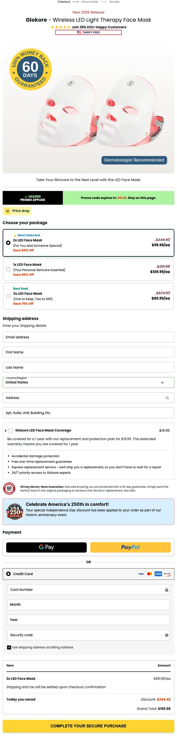 Glokore LED Mask official checkout page with package selection, shipping and payment steps